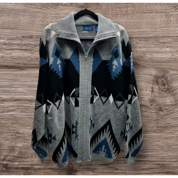 Vintage Sweater Men's Large SW Blue Gray TOWNCRAFT Full Zip Pockets Cardigan USA - Picture 1 of 9